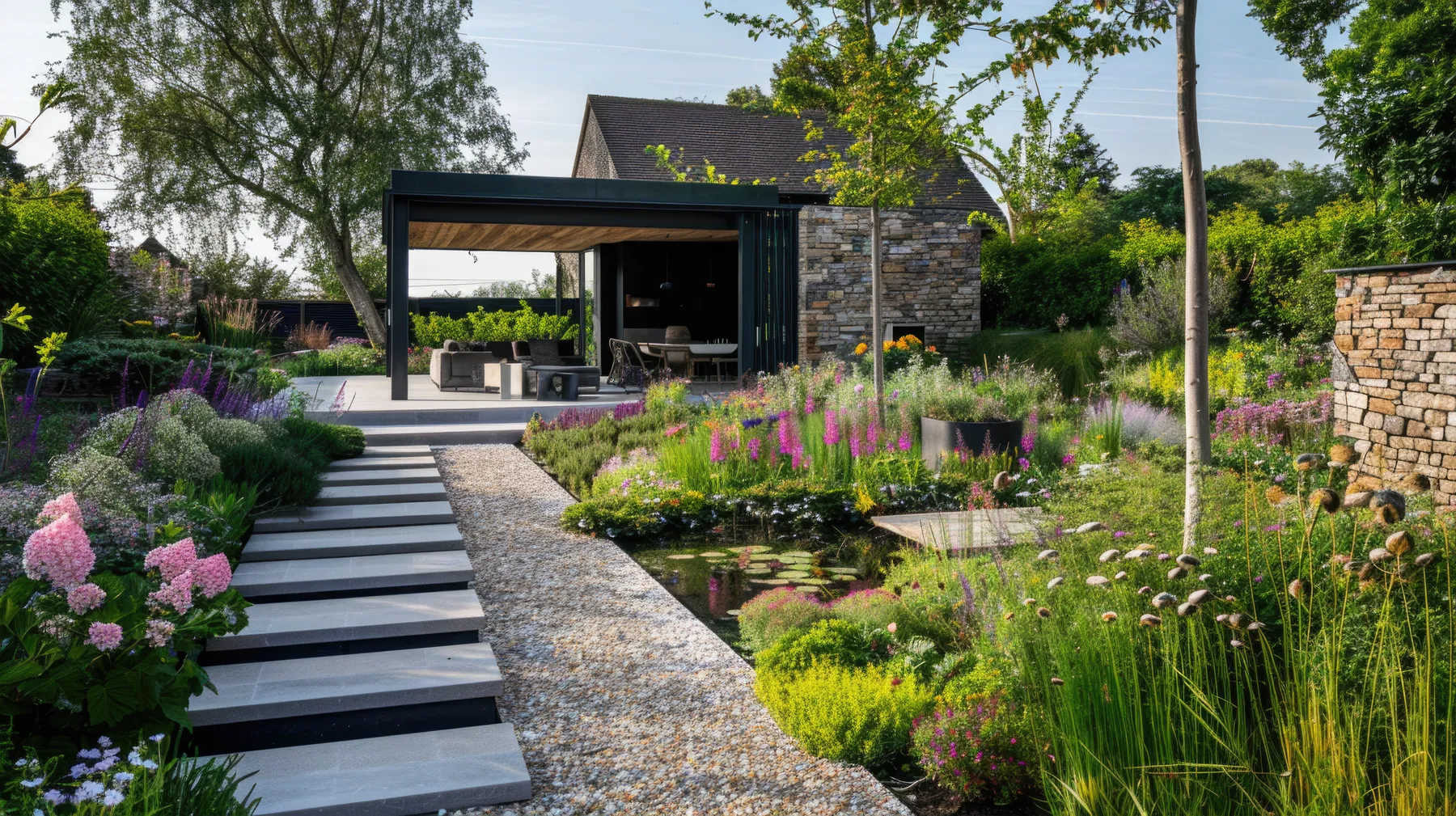 Jardin paysager avec cheminement en dalles, bassin et massifs de vivaces